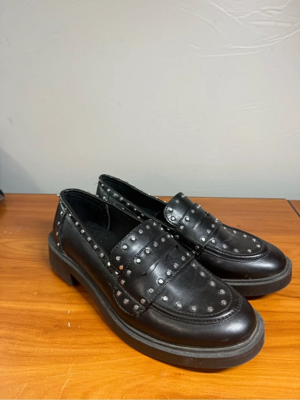 Portland‎ Boot Company Black Leather Penny Loafer Studded Black Dark Academia 8